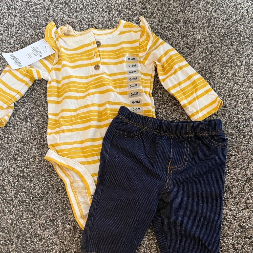 Carter's Baby Girl Yellow Striped Bodysuit and Navy Pants Set Size 0-3 months